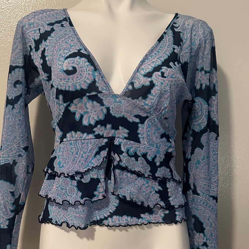 New York & Company Paisley V-Neck Blouse - Blue and Pink